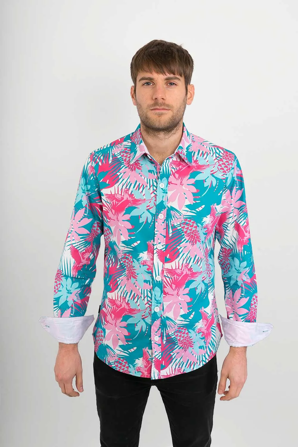 Tropical Bird Print Cotton Slim Fit Mens Shirt Long Sleeve