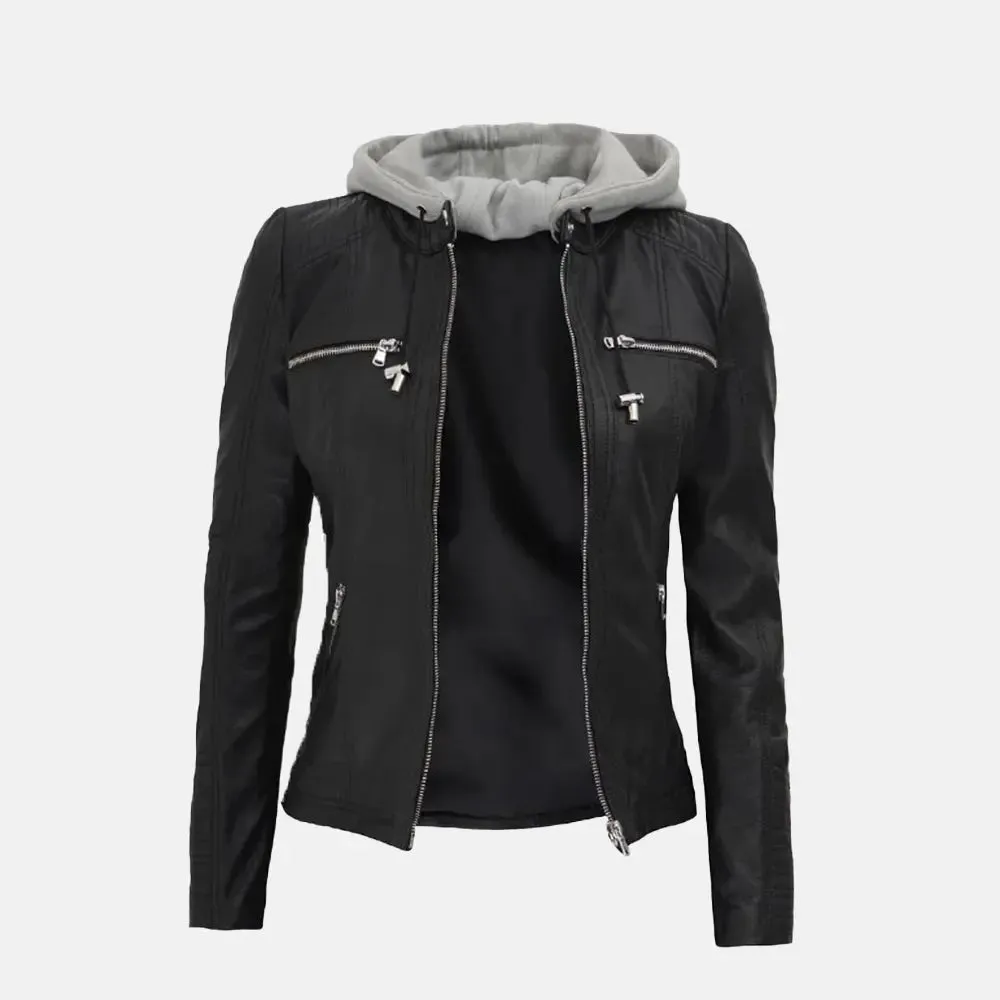 Versatile Bomber Hooded Leather Jacket Women