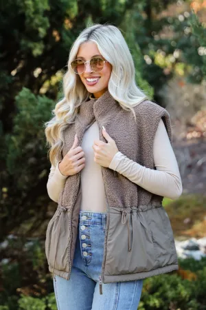 Cozy Warm Mocha Sherpa Vest with Stylish Aesthetic Detailing