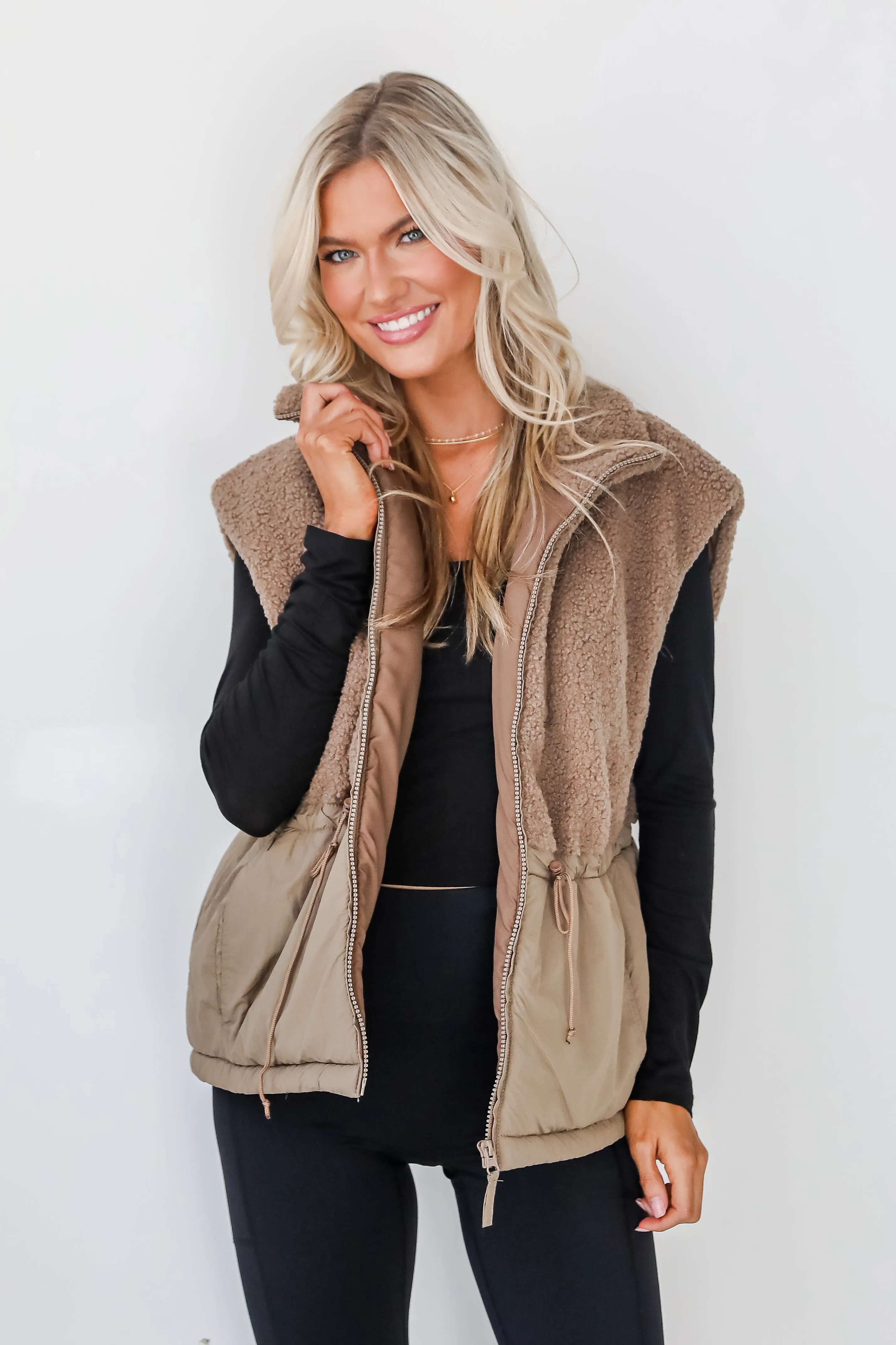 Cozy Warm Mocha Sherpa Vest with Stylish Aesthetic Detailing