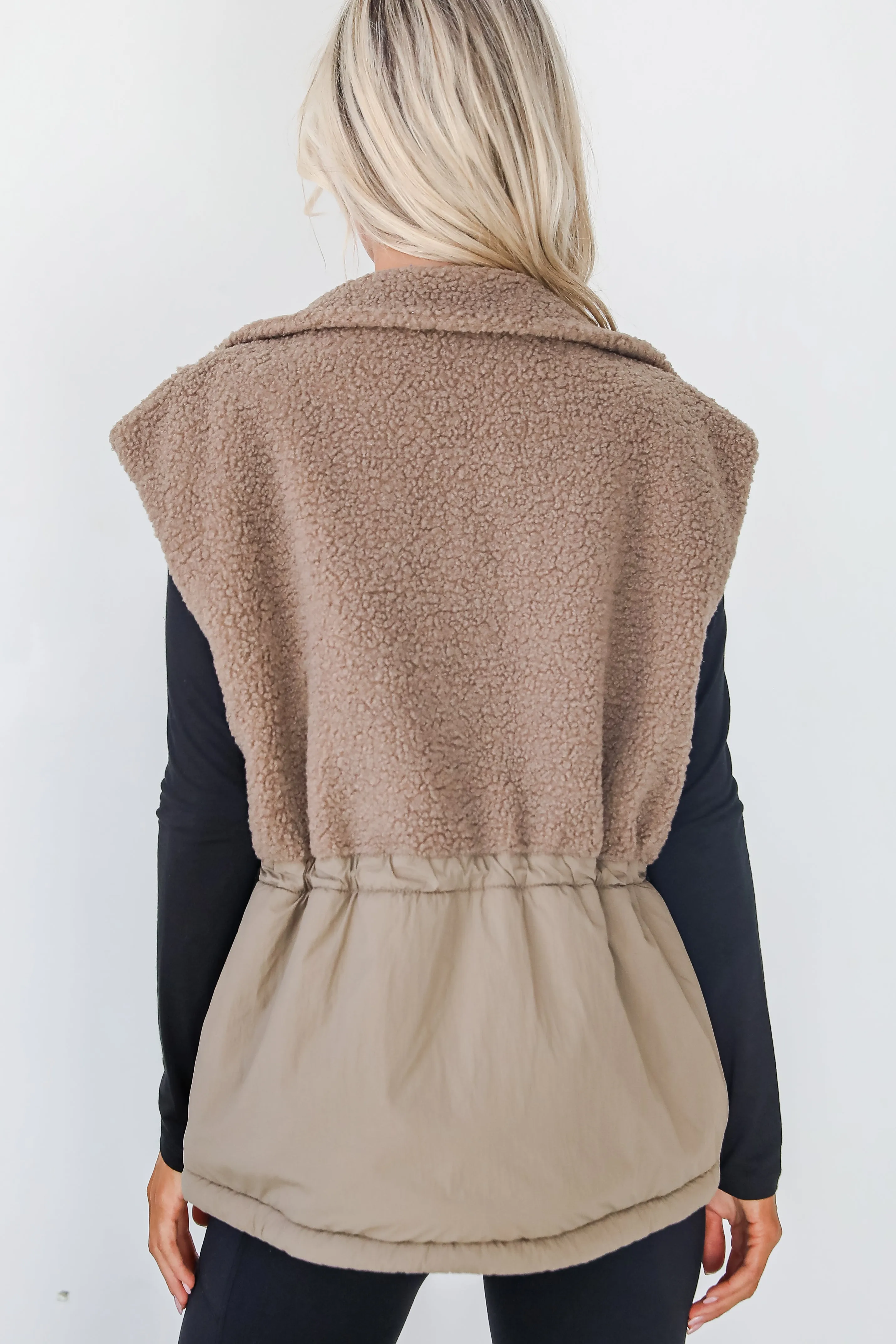 Cozy Warm Mocha Sherpa Vest with Stylish Aesthetic Detailing