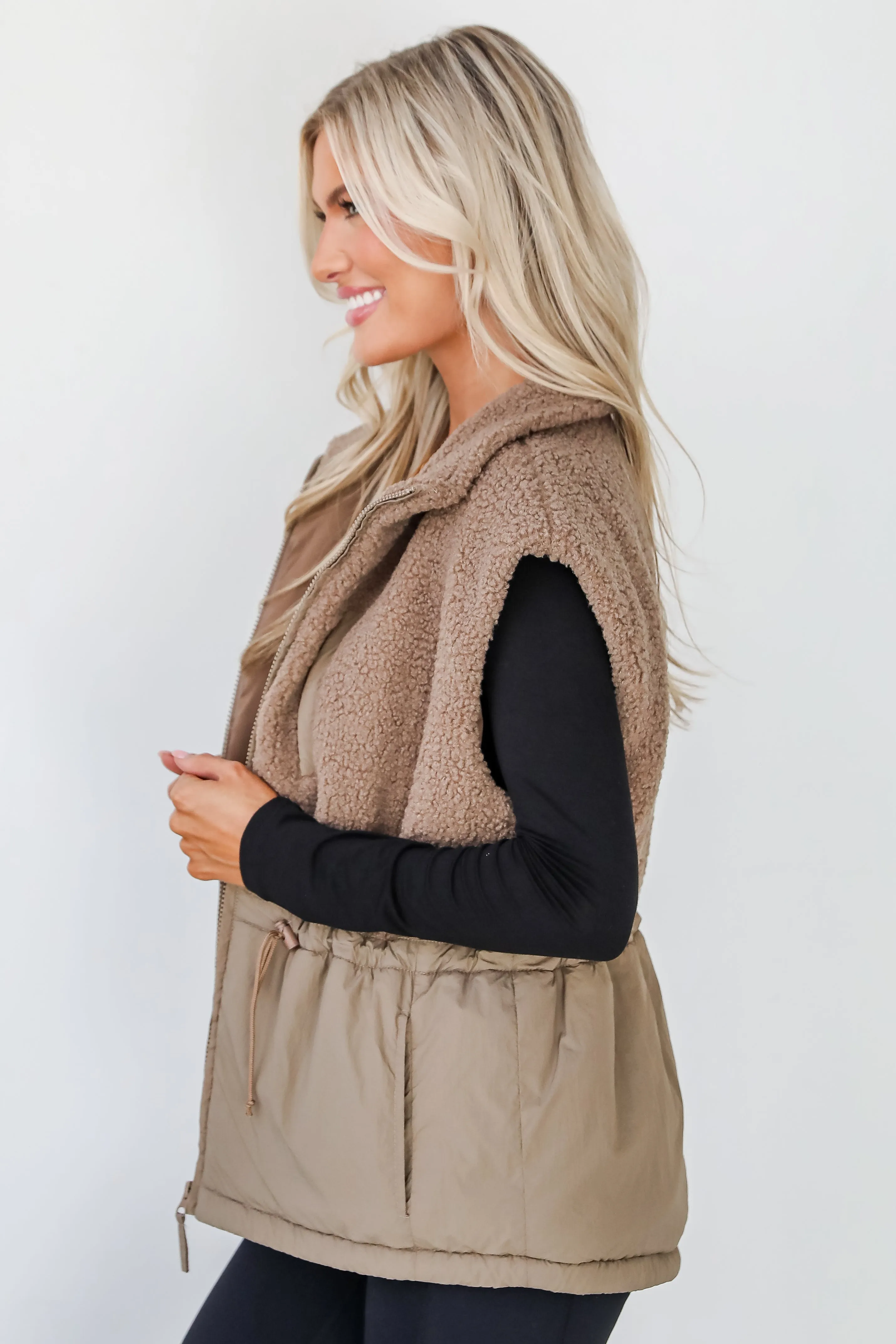 Cozy Warm Mocha Sherpa Vest with Stylish Aesthetic Detailing