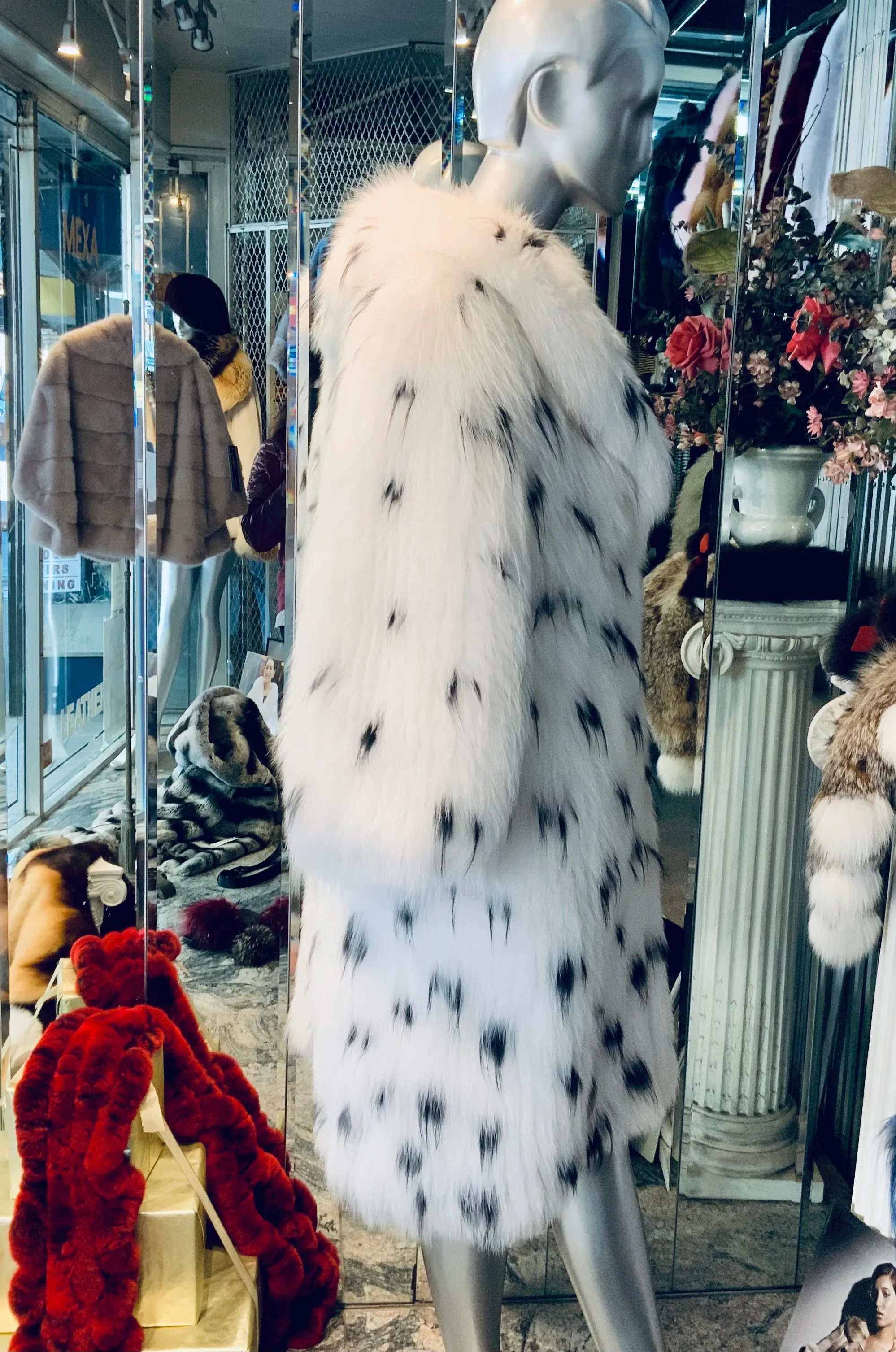 White Fox Fur Coat with Black Hues Warm Super Light Fluffy