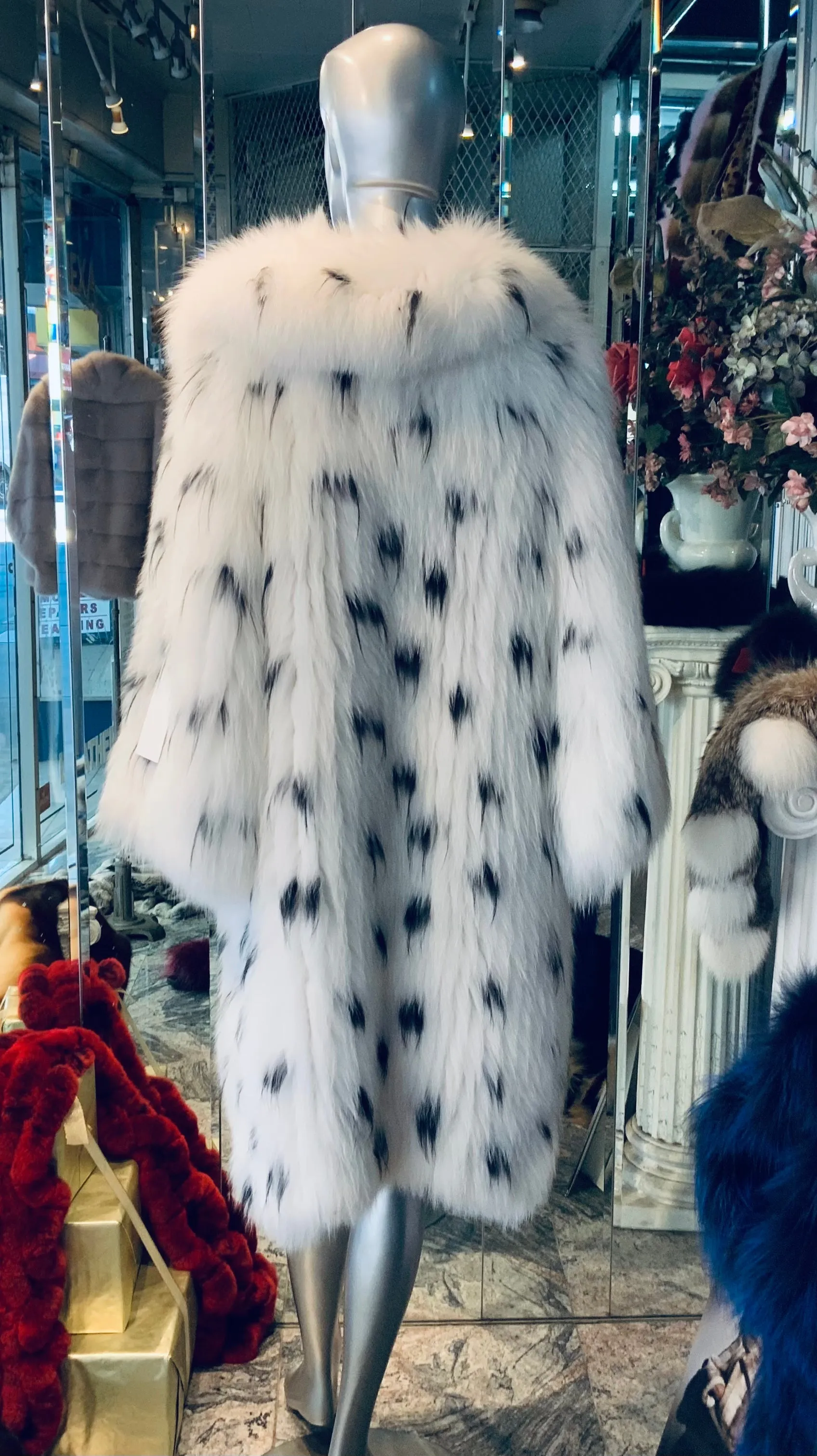 White Fox Fur Coat with Black Hues Warm Super Light Fluffy