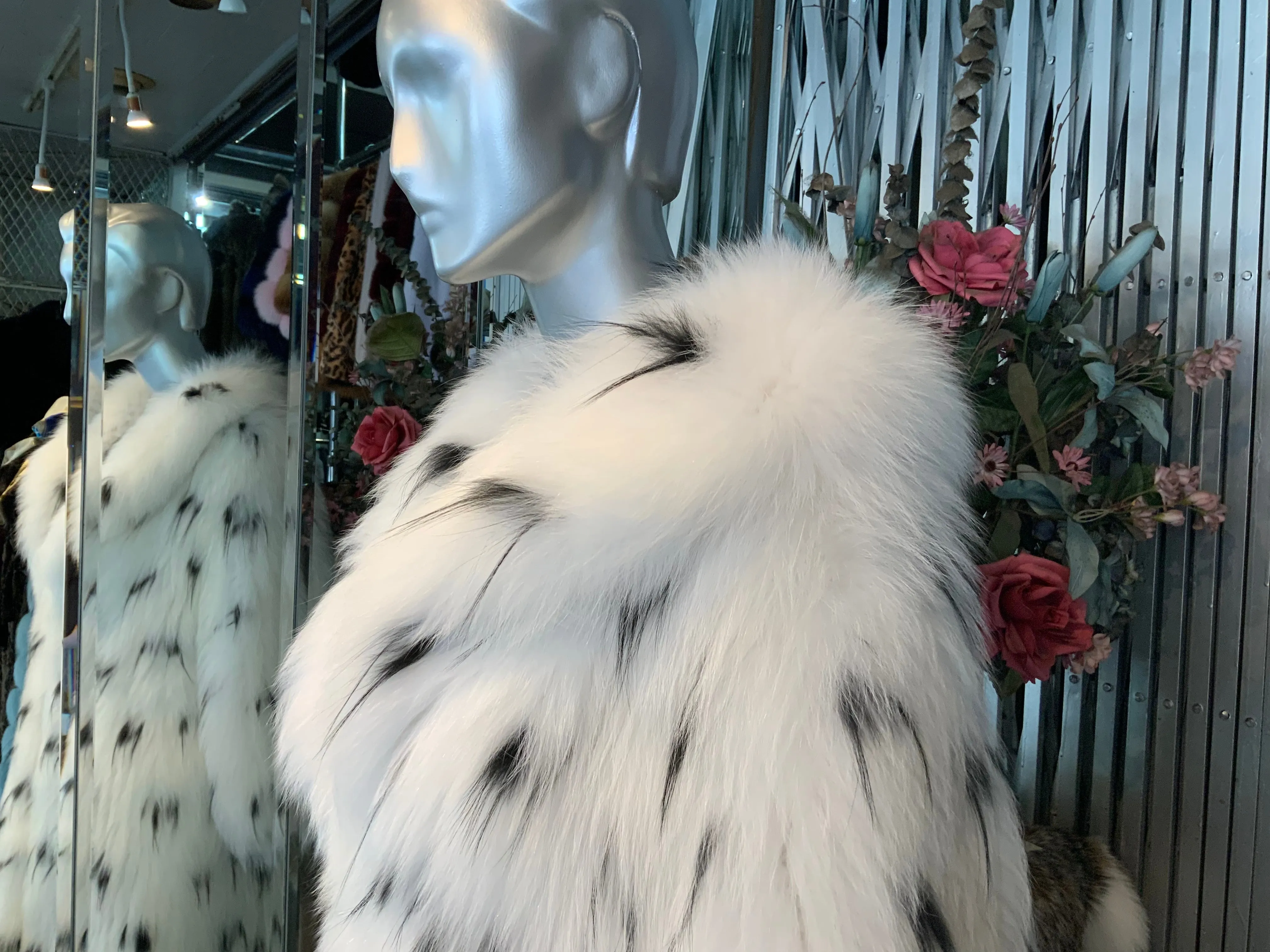 White Fox Fur Coat with Black Hues Warm Super Light Fluffy