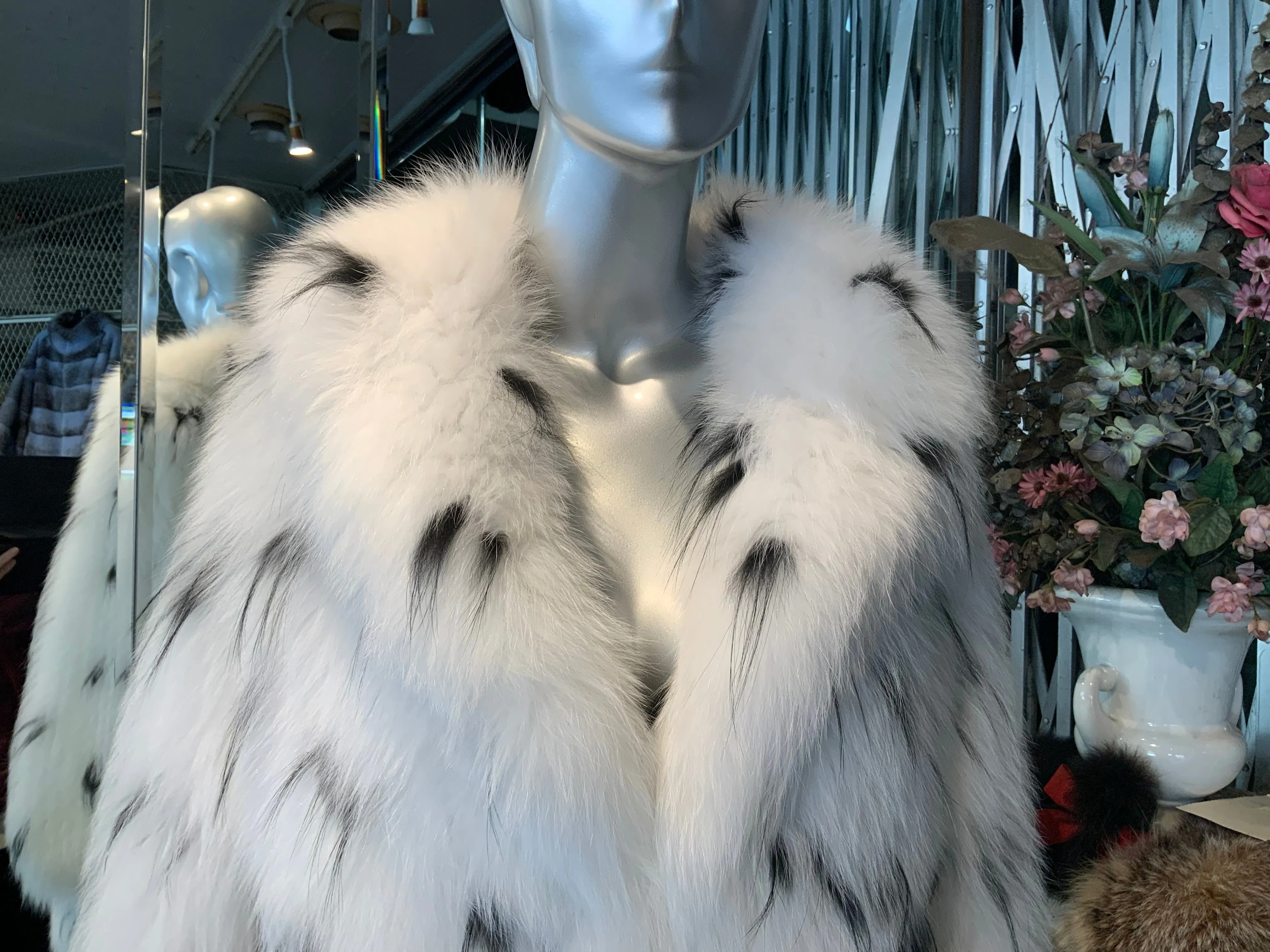 White Fox Fur Coat with Black Hues Warm Super Light Fluffy