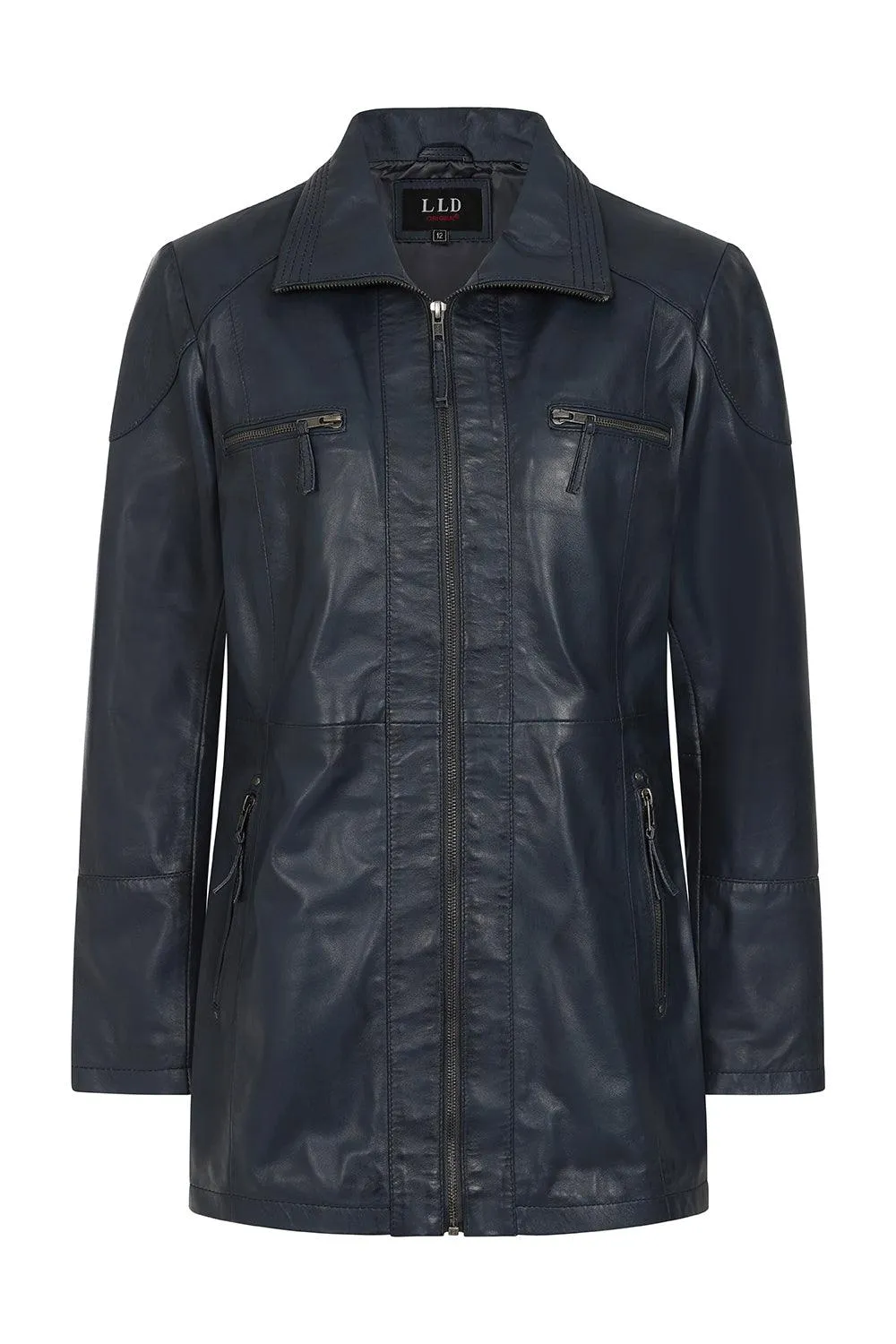 Women's Beautiful Hip Length Navy 'Sky' Blue Leather Jacket - 'ALEXA'