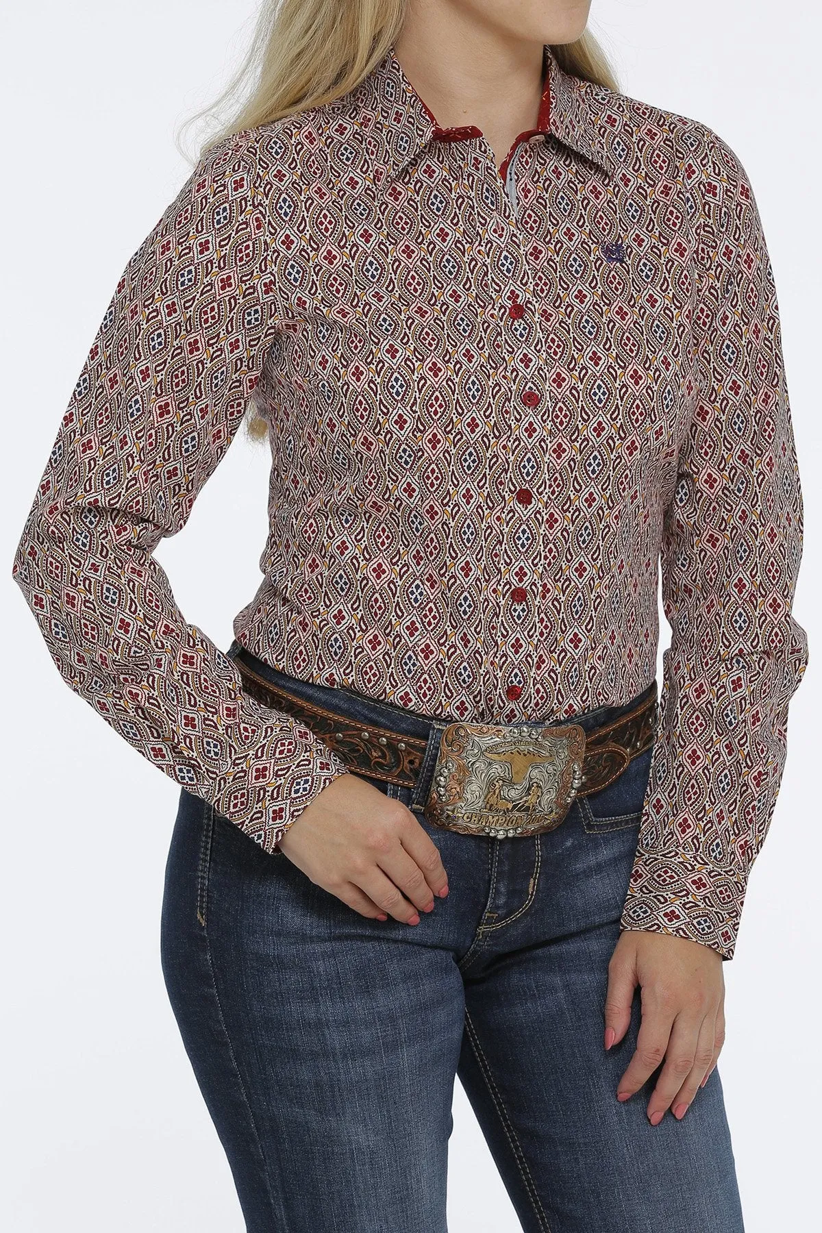 WOMEN'S BUTTON-DOWN WESTERN SHIRT - CREAM / RED