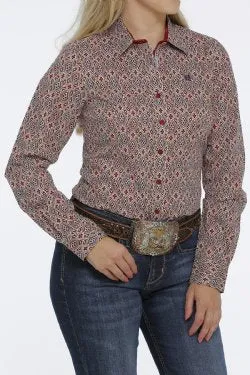 WOMEN'S BUTTON-DOWN WESTERN SHIRT - CREAM / RED