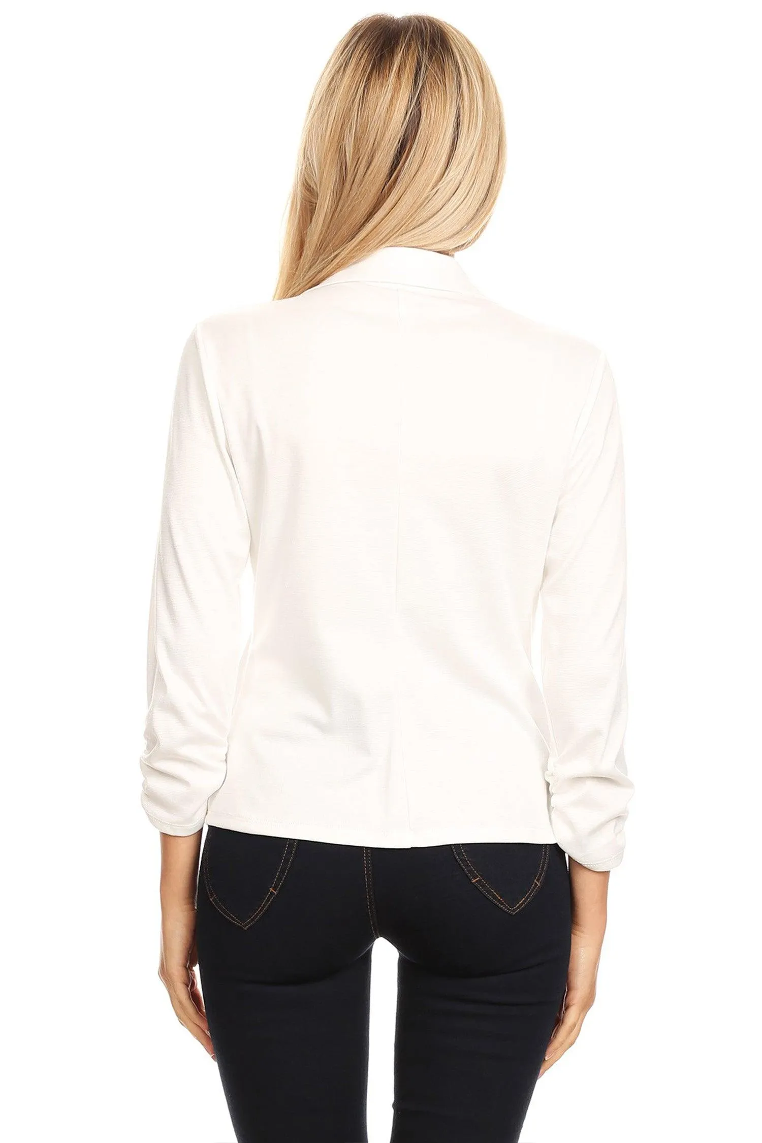 Womens Casual Waist-Length Blazer with 3/4 Ruched Sleeves and One Button Closure