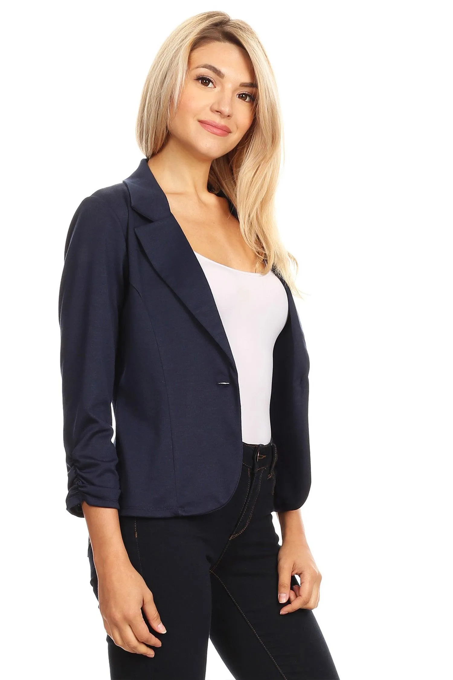 Womens Casual Waist-Length Blazer with 3/4 Ruched Sleeves and One Button Closure