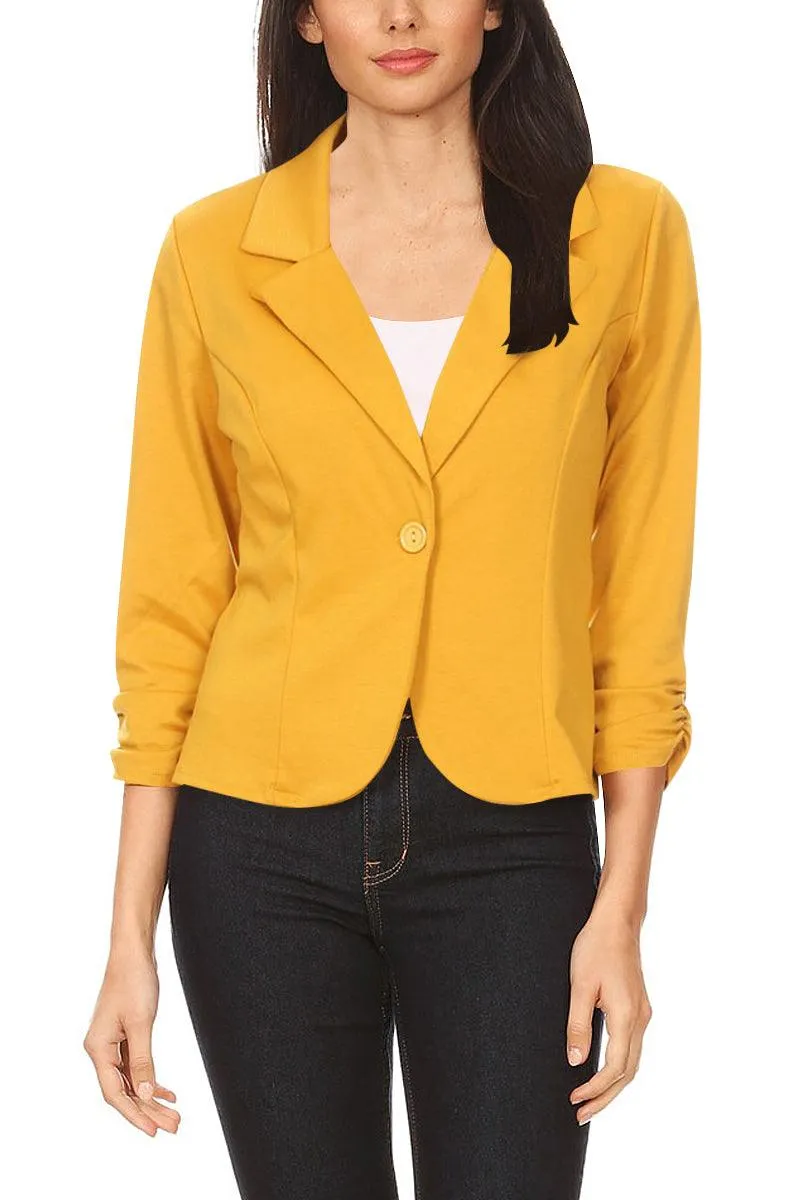 Womens Casual Waist-Length Blazer with 3/4 Ruched Sleeves and One Button Closure