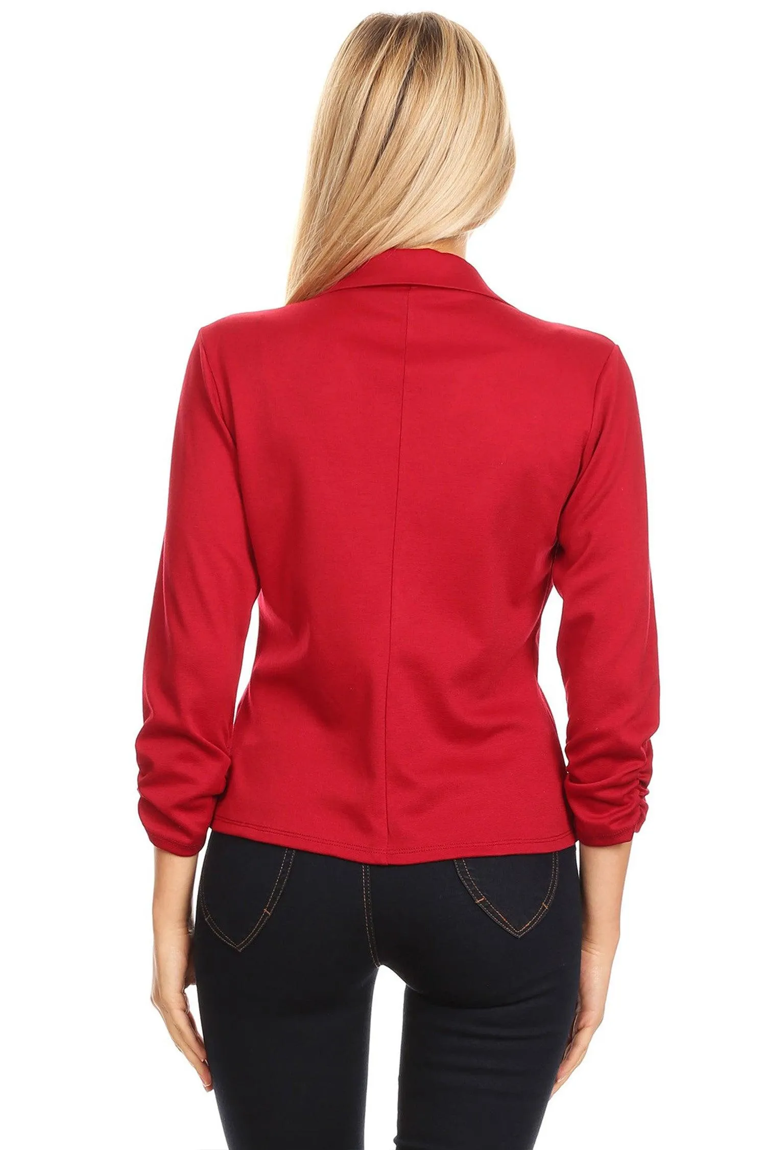 Womens Casual Waist-Length Blazer with 3/4 Ruched Sleeves and One Button Closure