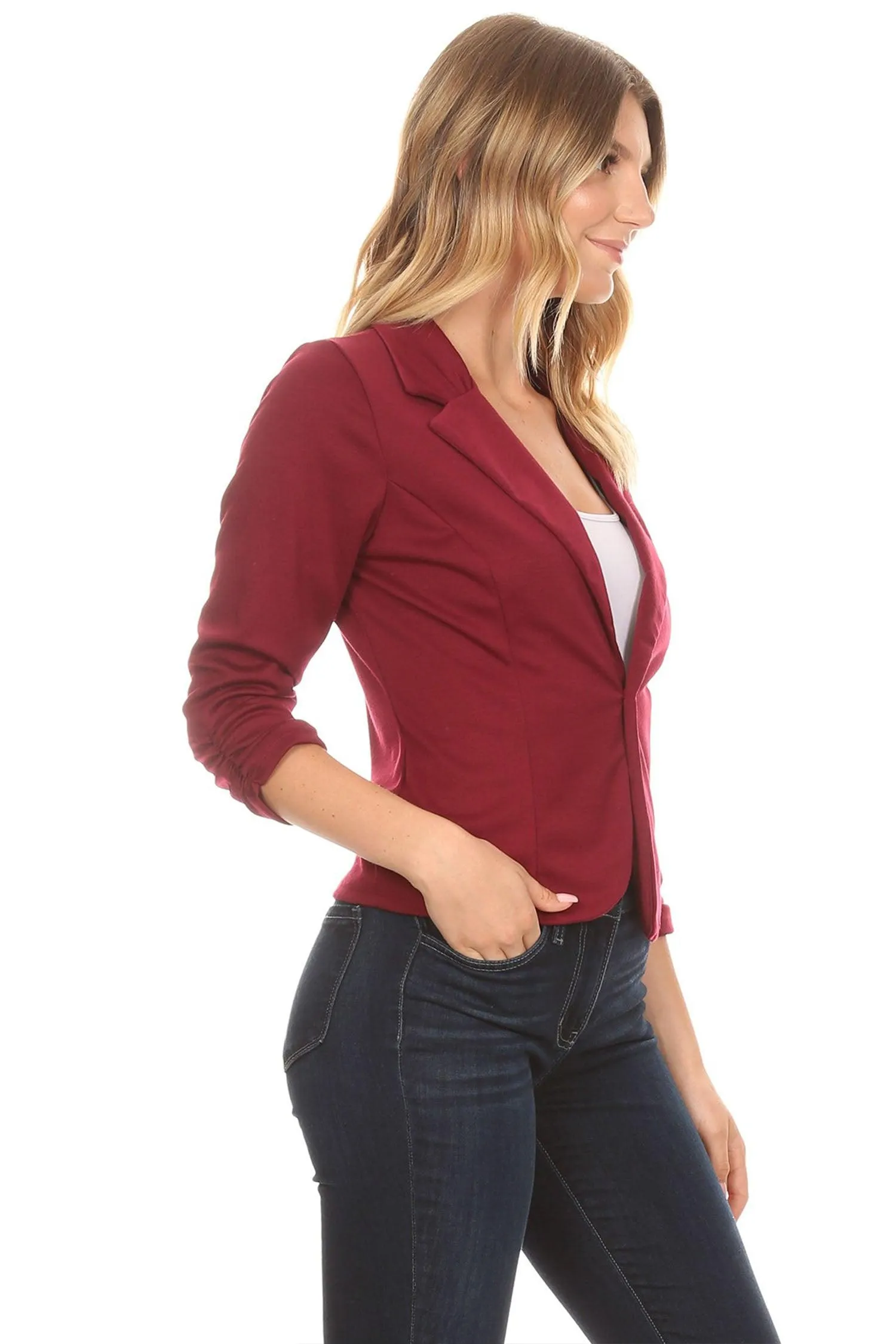 Womens Casual Waist-Length Blazer with 3/4 Ruched Sleeves and One Button Closure