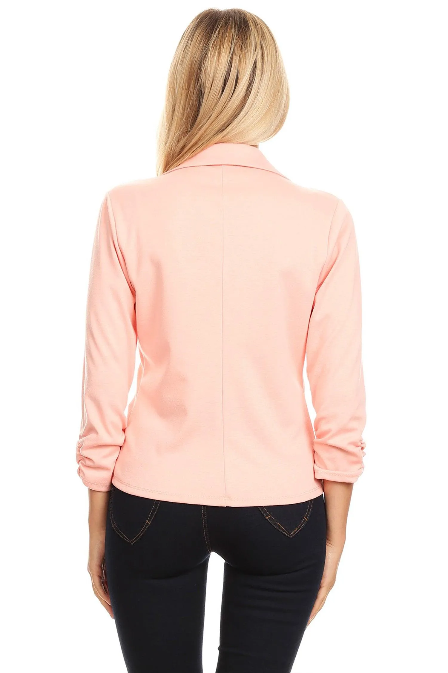 Womens Casual Waist-Length Blazer with 3/4 Ruched Sleeves and One Button Closure