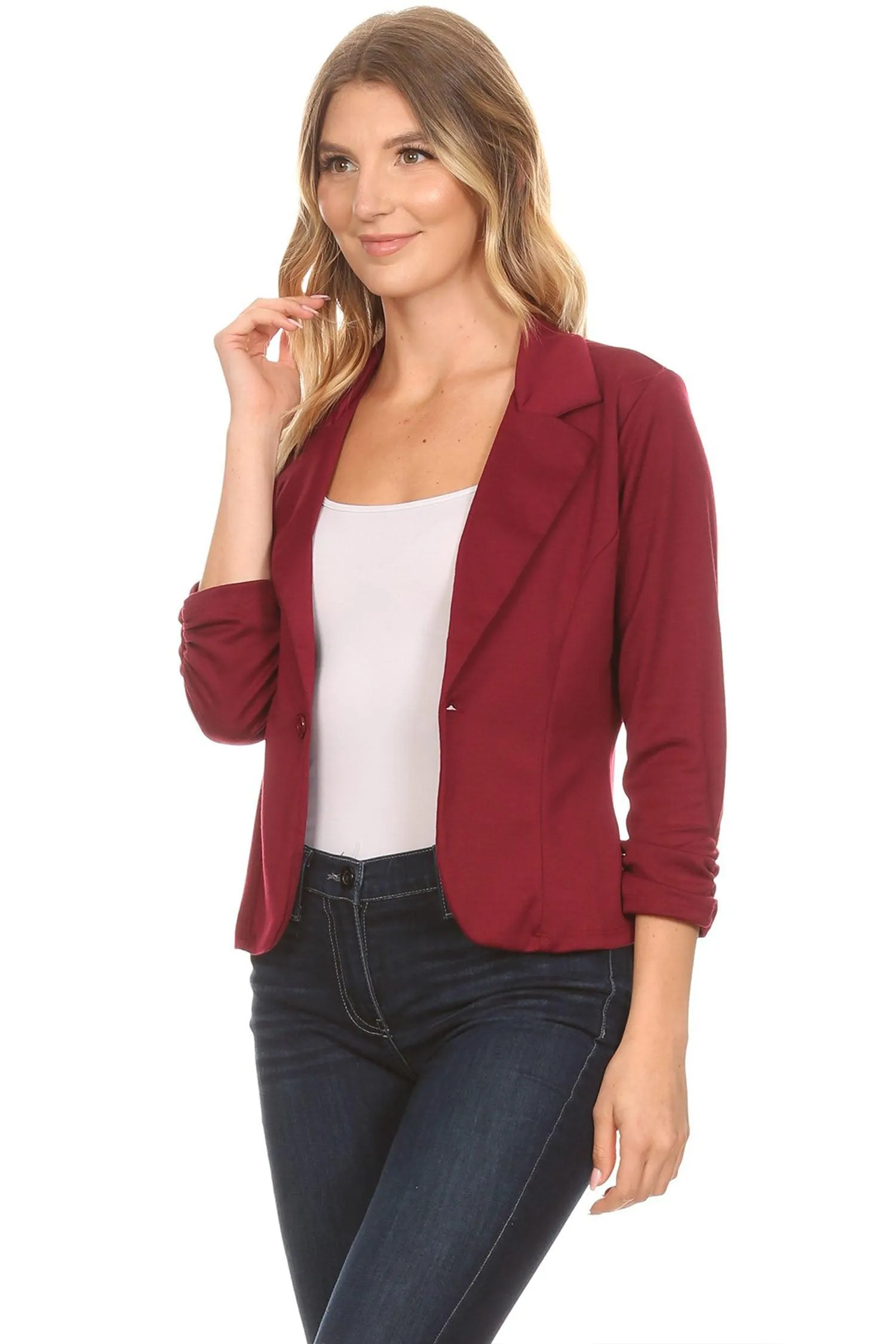 Womens Casual Waist-Length Blazer with 3/4 Ruched Sleeves and One Button Closure