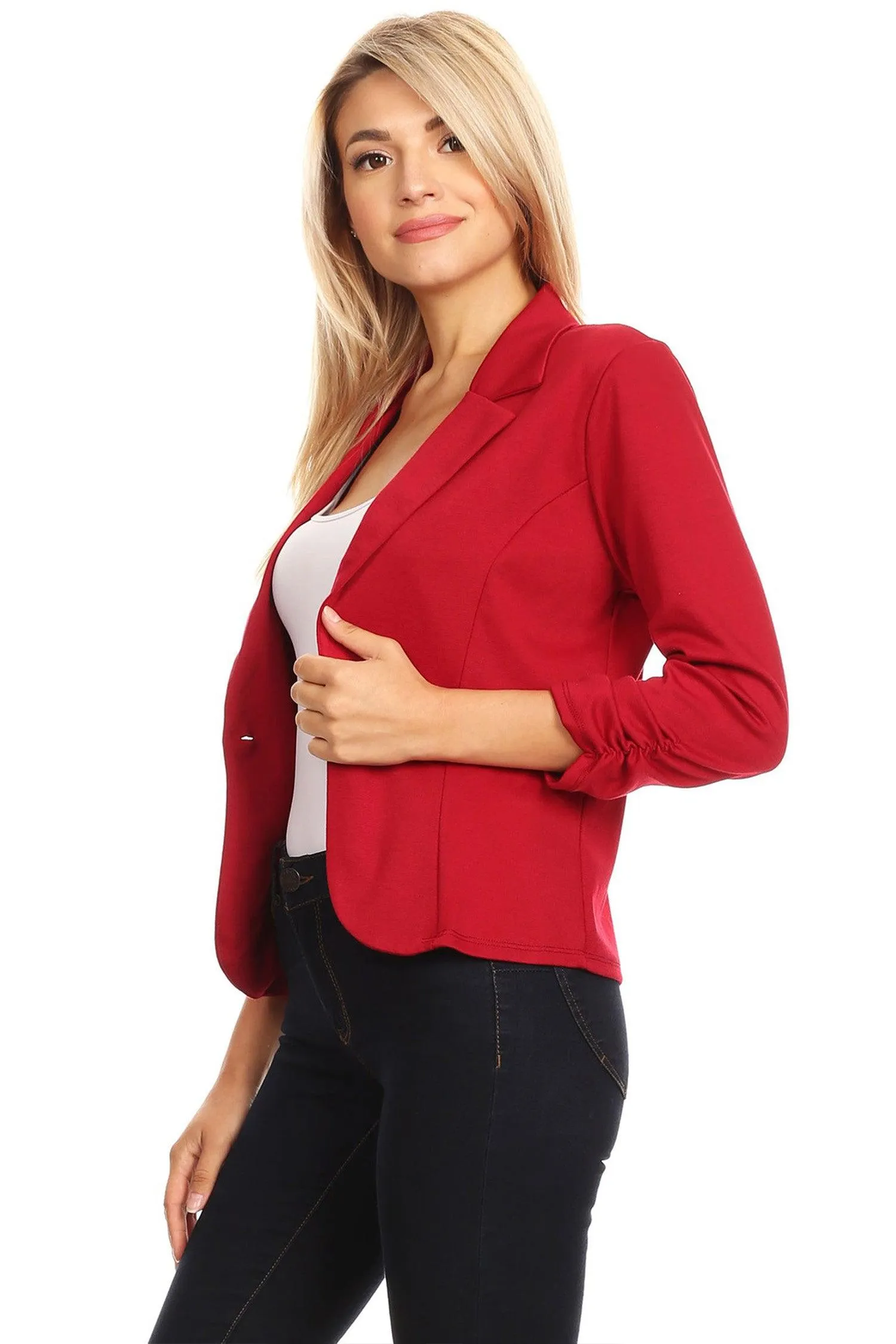 Womens Casual Waist-Length Blazer with 3/4 Ruched Sleeves and One Button Closure