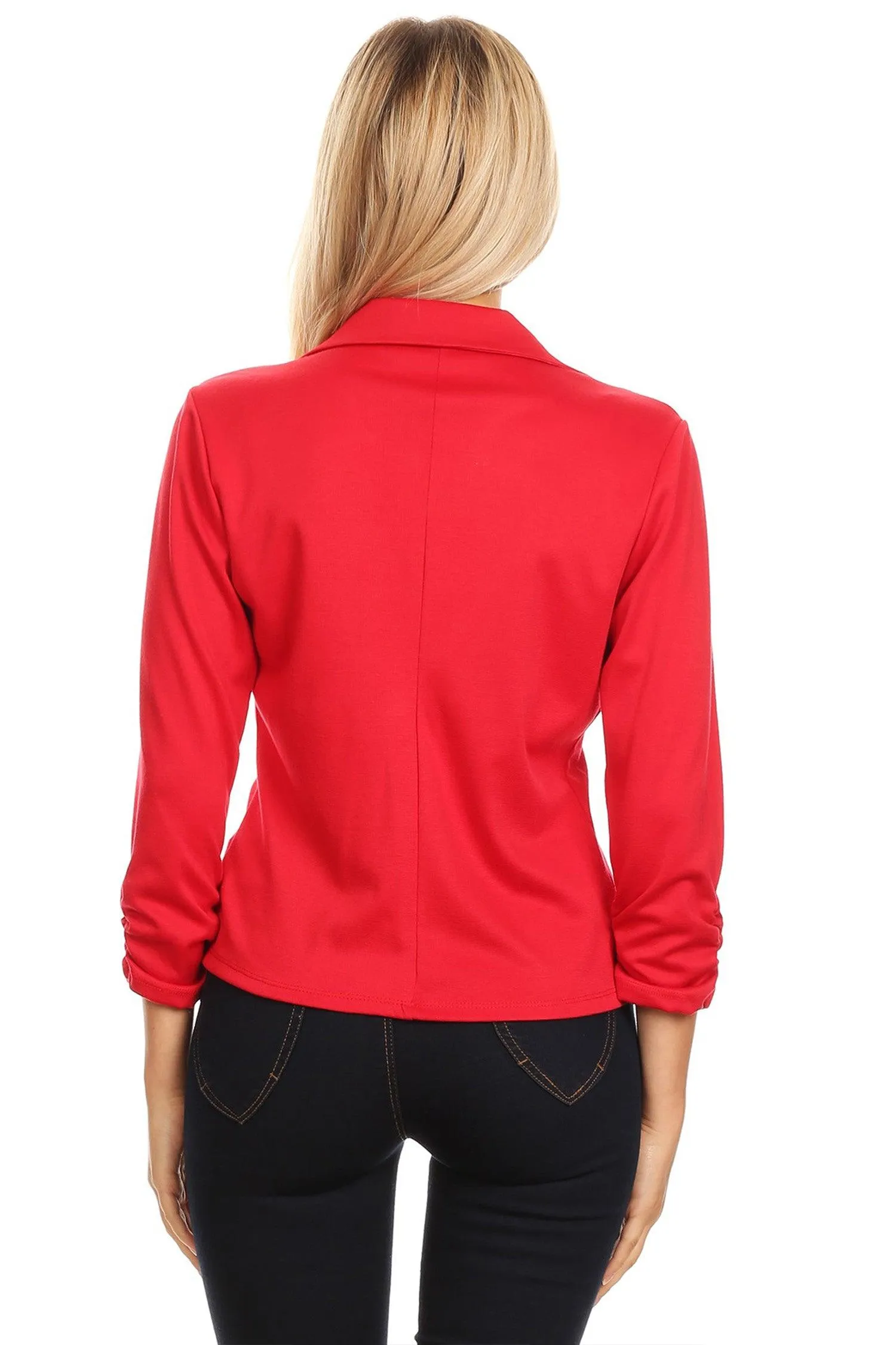 Womens Casual Waist-Length Blazer with 3/4 Ruched Sleeves and One Button Closure