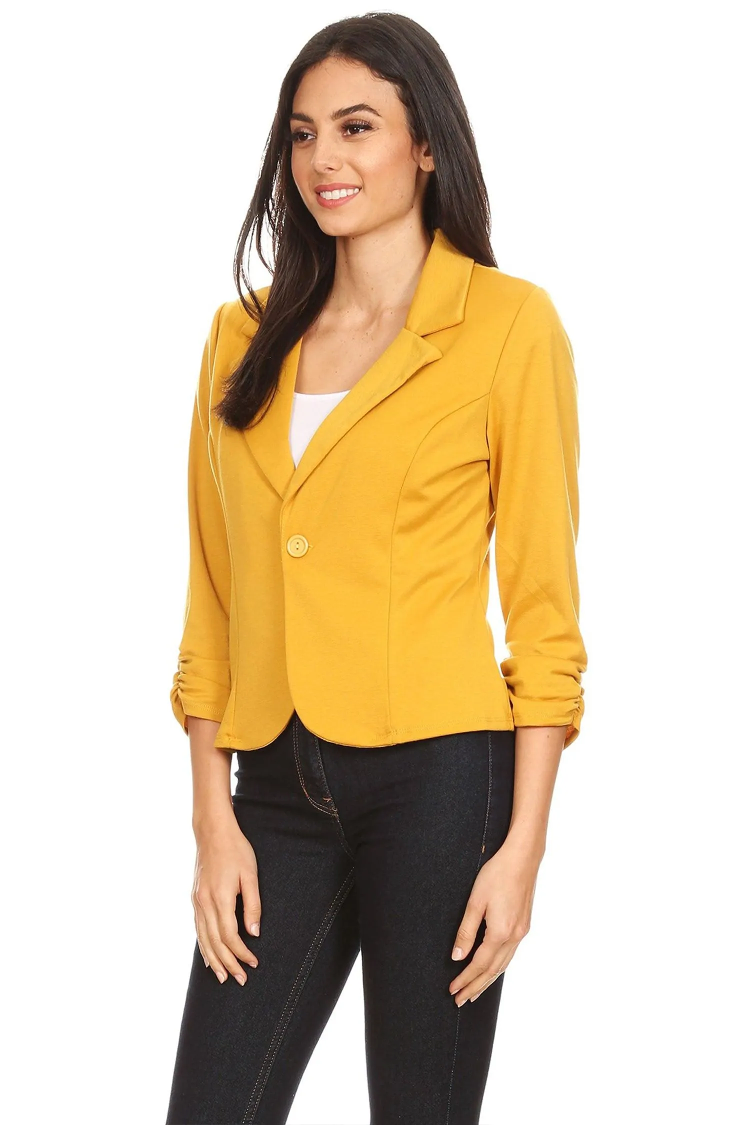 Womens Casual Waist-Length Blazer with 3/4 Ruched Sleeves and One Button Closure