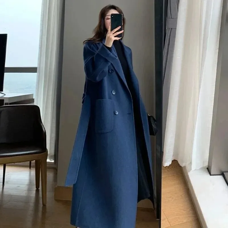 Women's Elegant Long Wool Coat – Oversized Double-Breasted Belted Winter Jacket, Thick and Warm Outerwear