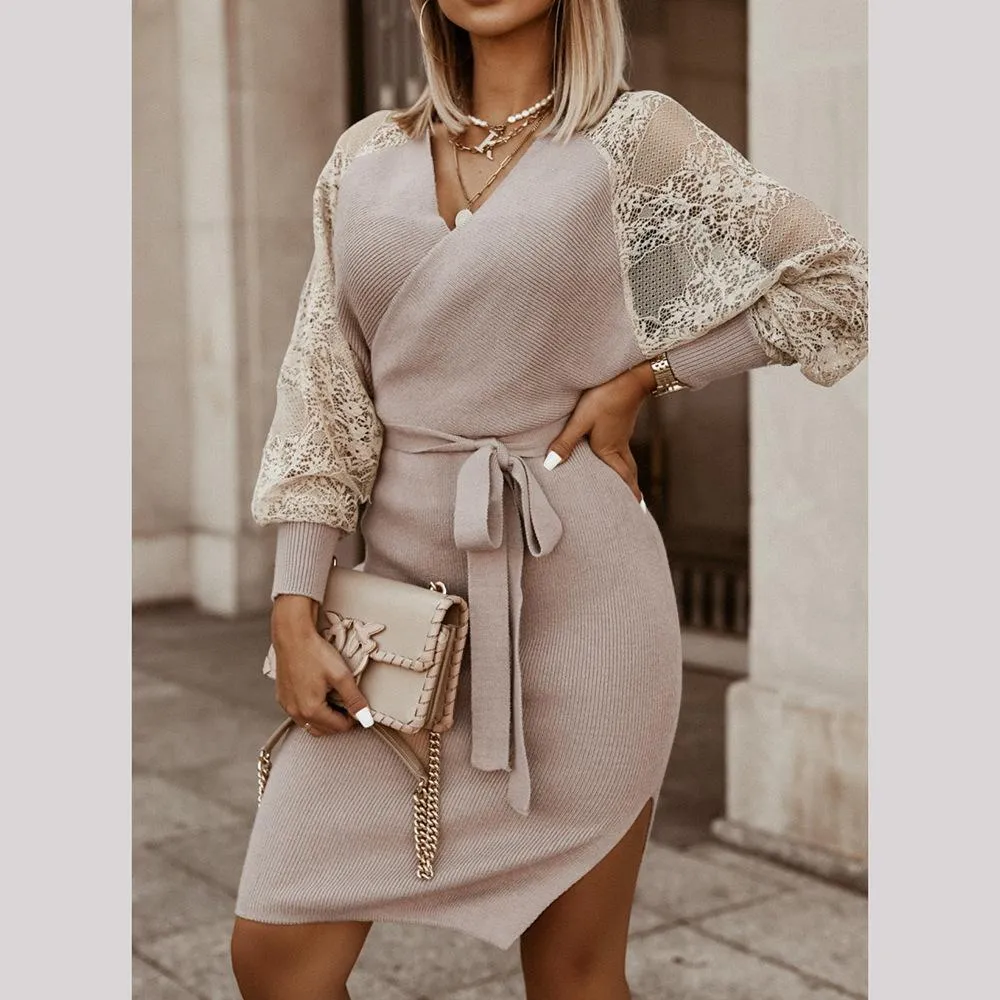 Women's Elegant V Neck Wrap Knit Dresses Batwing Sleeve Backless Slit