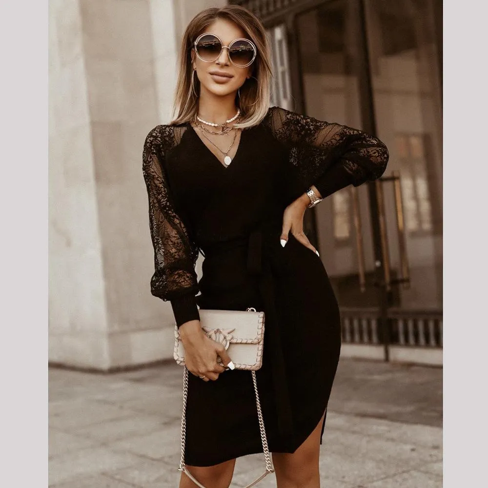 Women's Elegant V Neck Wrap Knit Dresses Batwing Sleeve Backless Slit