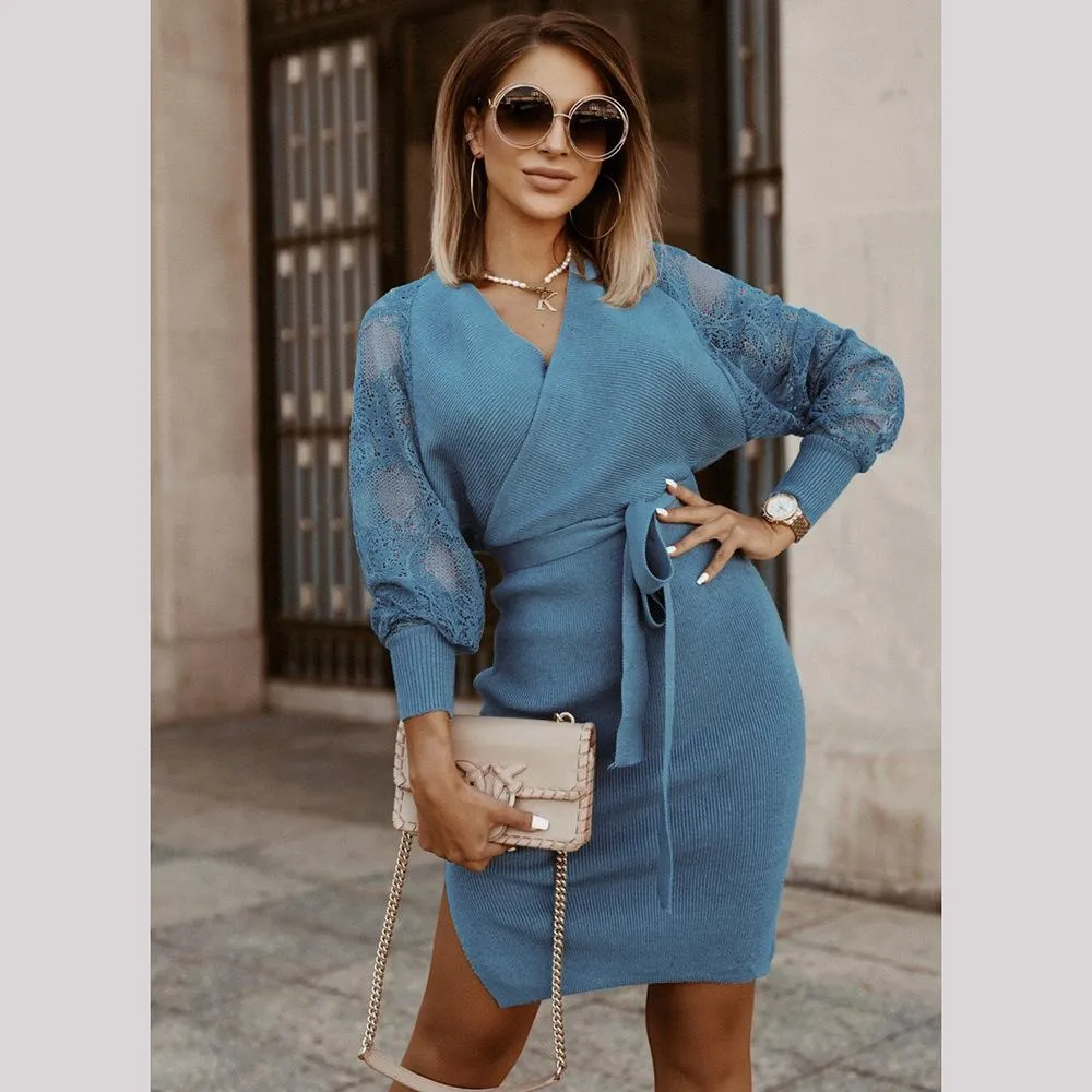 Women's Elegant V Neck Wrap Knit Dresses Batwing Sleeve Backless Slit