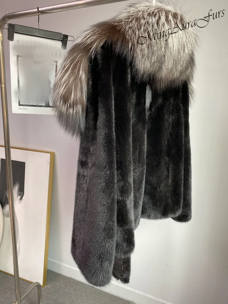 Women's Mink Fur Coat with Fox Fur Collar - Silver Fox and Mink - G0025