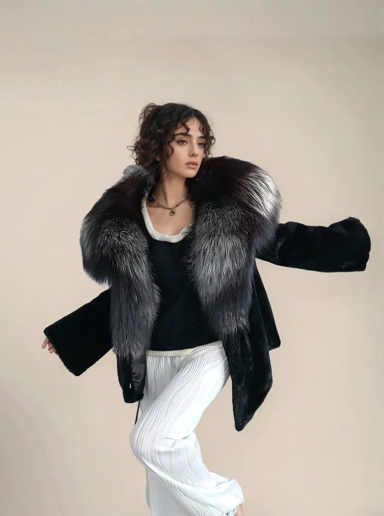 Women's Mink Fur Coat with Fox Fur Collar - Silver Fox and Mink - G0025