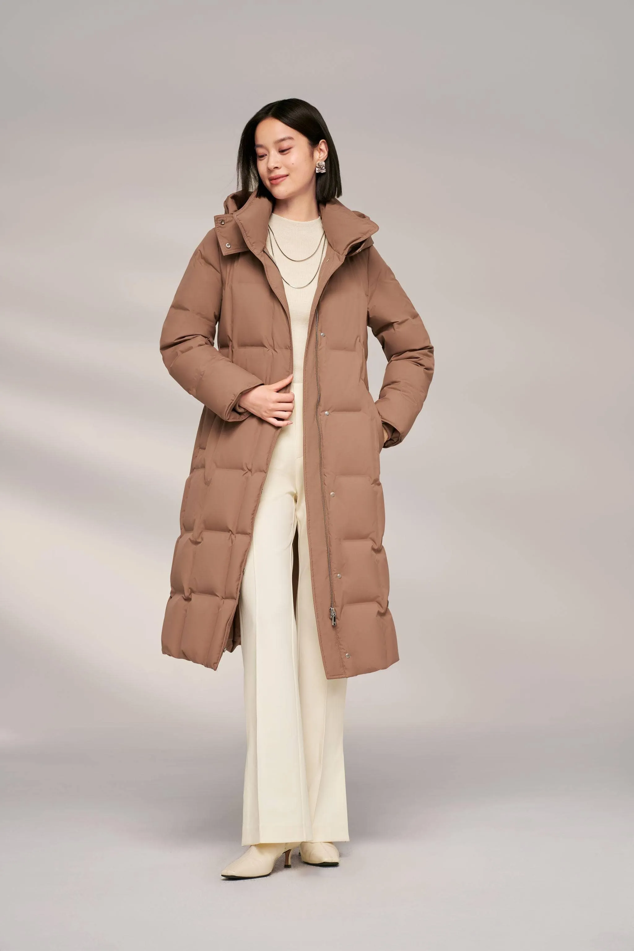 Women’s Patterned Long Goose Down Coat With Belt