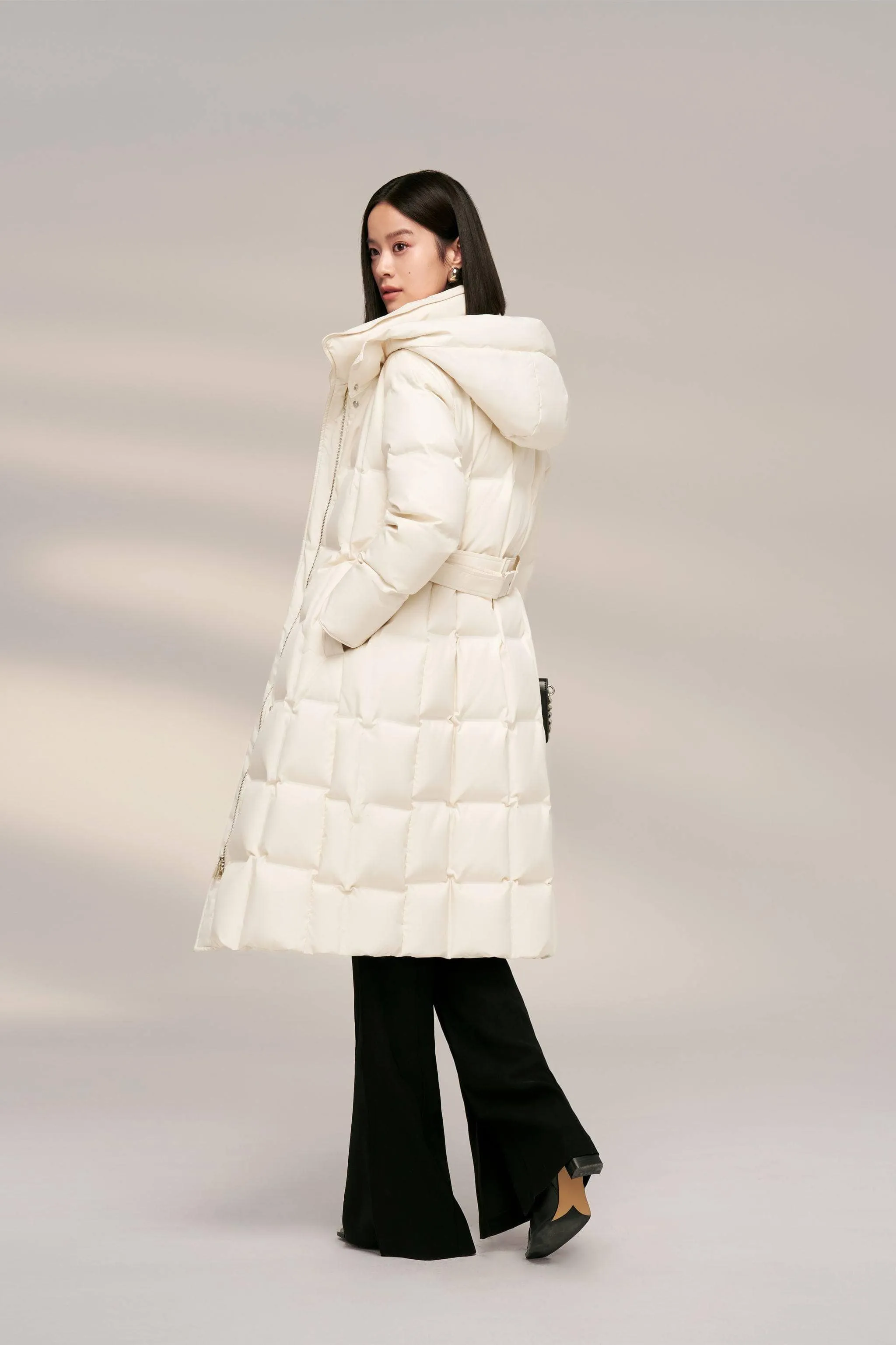 Women’s Patterned Long Goose Down Coat With Belt