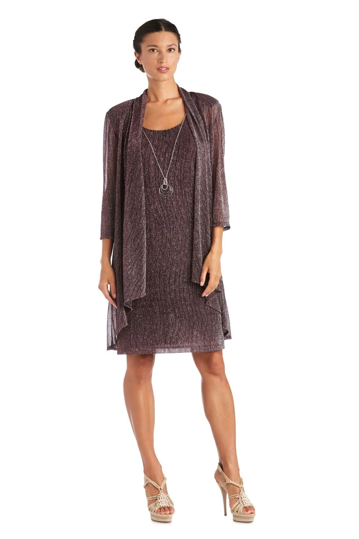 Women's Sleeveless Cascade Front Metallic Knit Dress and Jacket