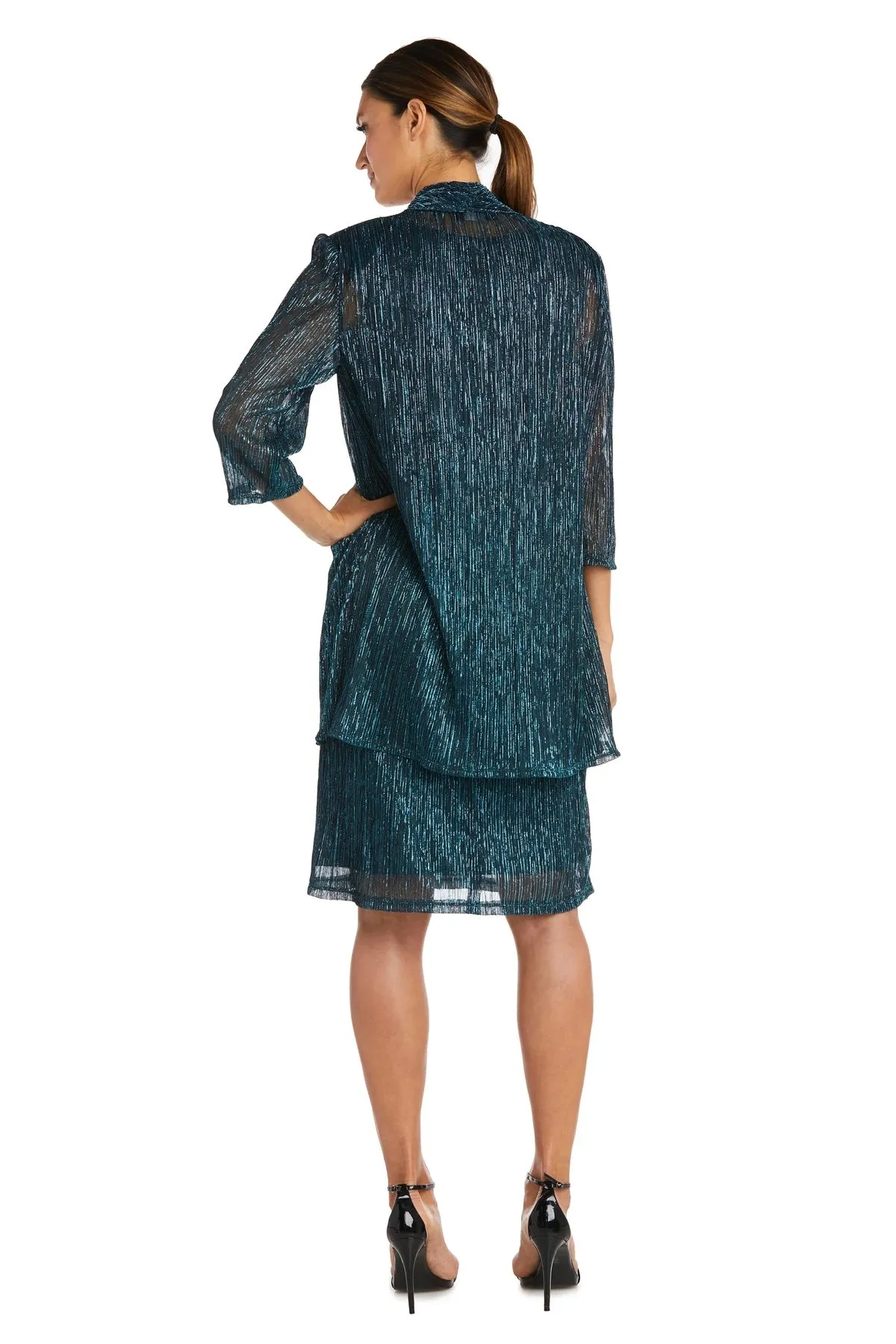 Women's Sleeveless Cascade Front Metallic Knit Dress and Jacket