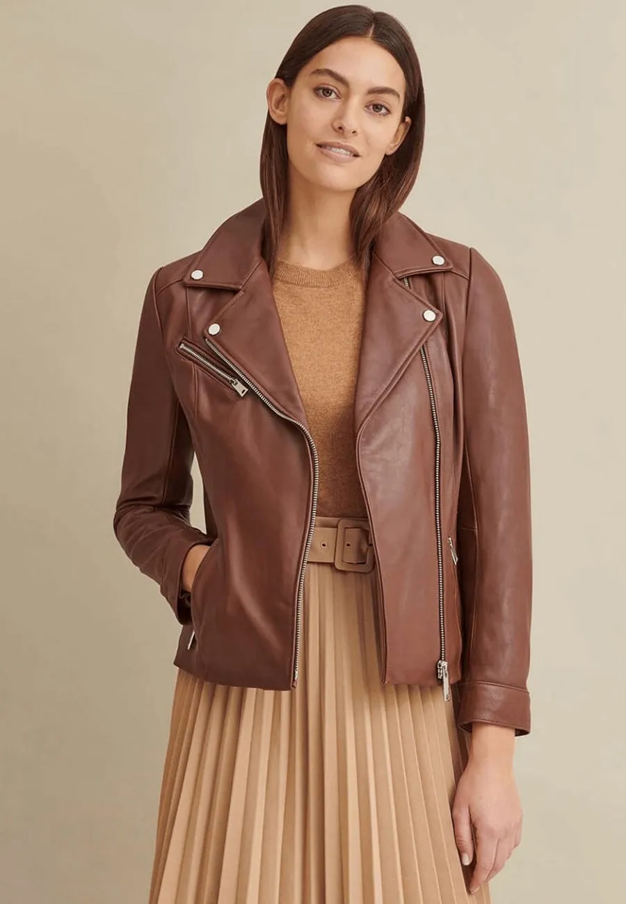 Women's Stylish Brown Leather Biker Jacket