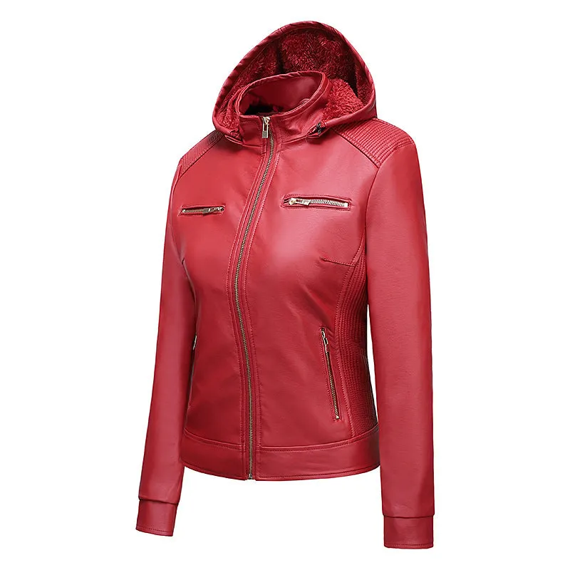 Women's warm casual hooded leather jacket