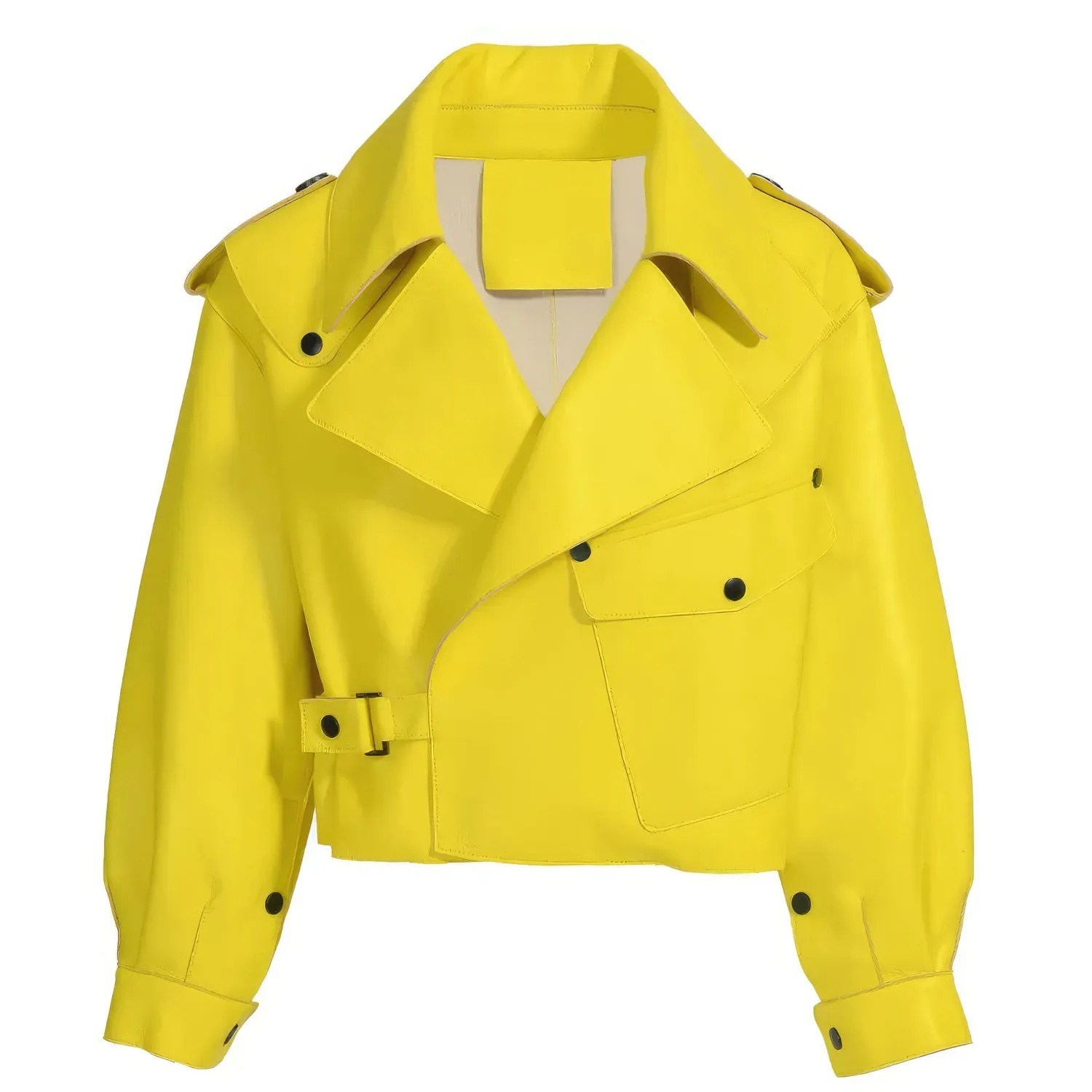 Women’s Yellow Biker Genuine Sheepskin Lapel Collar Casual Loose Oversized High Street Café Racer Rider Smooth Lightweight Leather Jacket