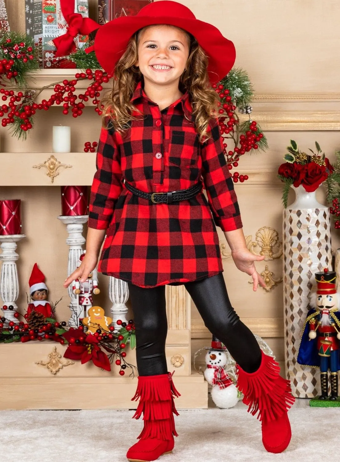 Yes, Plaid Belted Blouse And Legging Set