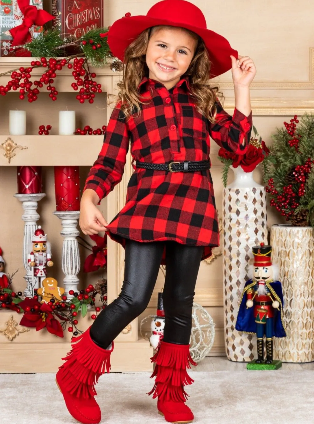 Yes, Plaid Belted Blouse And Legging Set