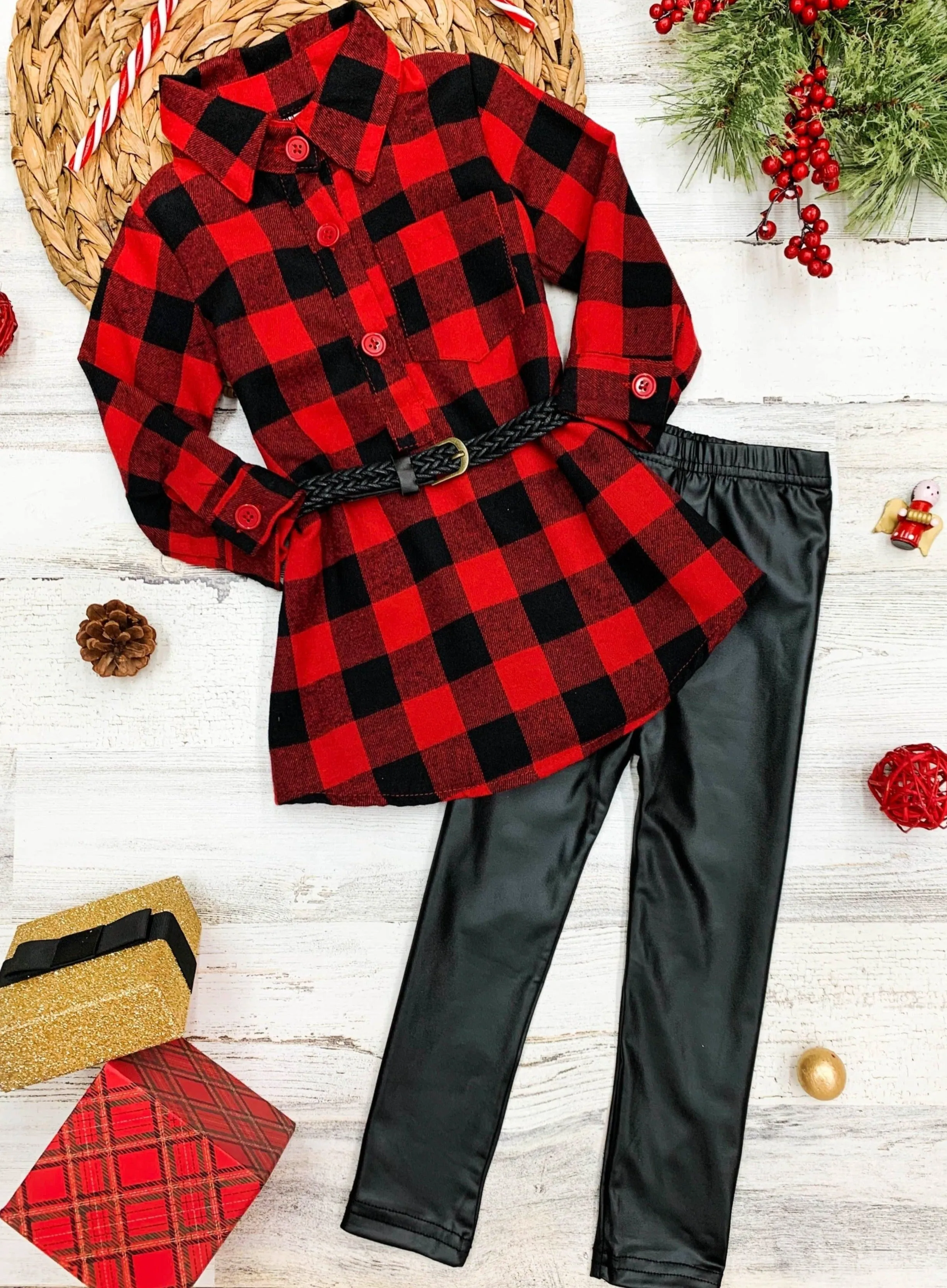 Yes, Plaid Belted Blouse And Legging Set