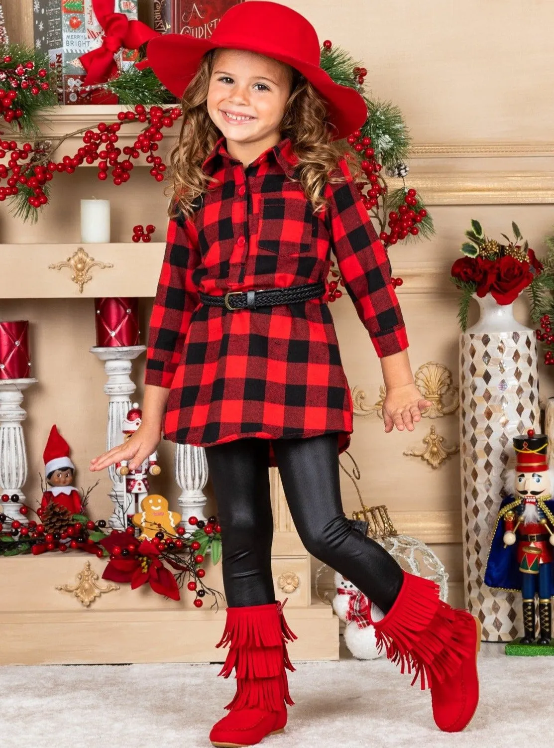 Yes, Plaid Belted Blouse And Legging Set