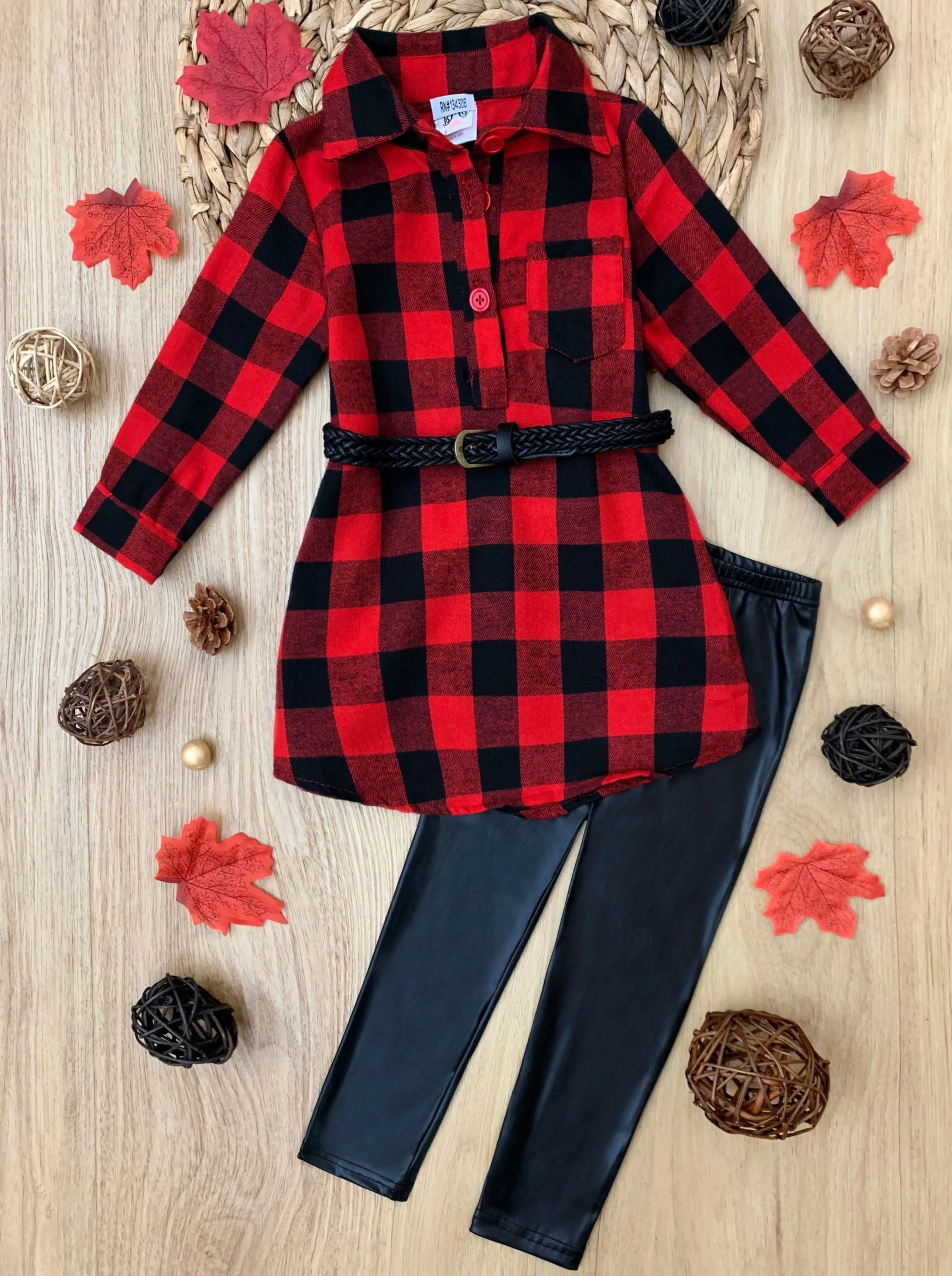 Yes, Plaid Belted Blouse And Legging Set